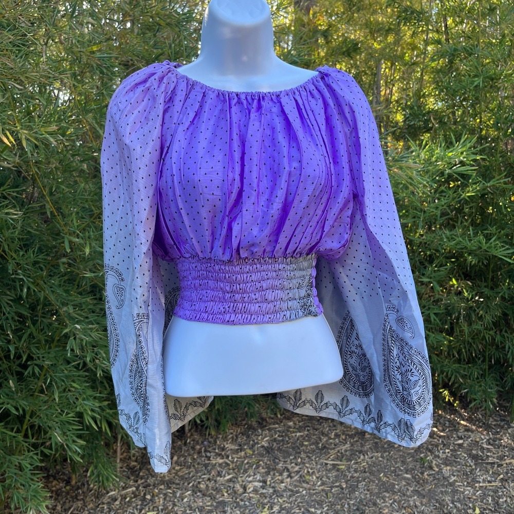 All About Audrey Vintage Saree Top Womens OS Purple Paisley Flared Sleeves NEW